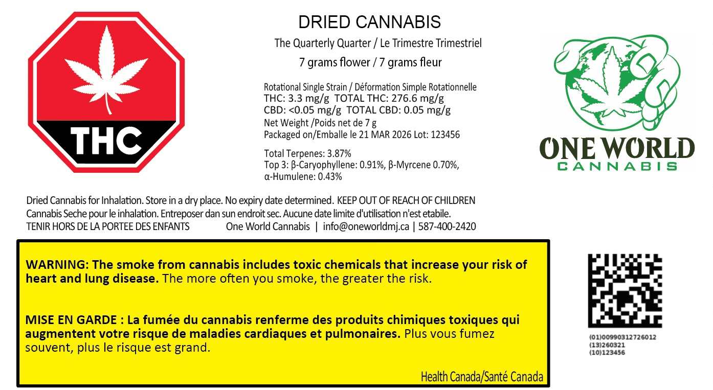 One World Cannabis Alberta | Premium Cannabis Products 11 Quarterly 1/4 7G Whole Flower Cannabis - One World Cannabis Alberta